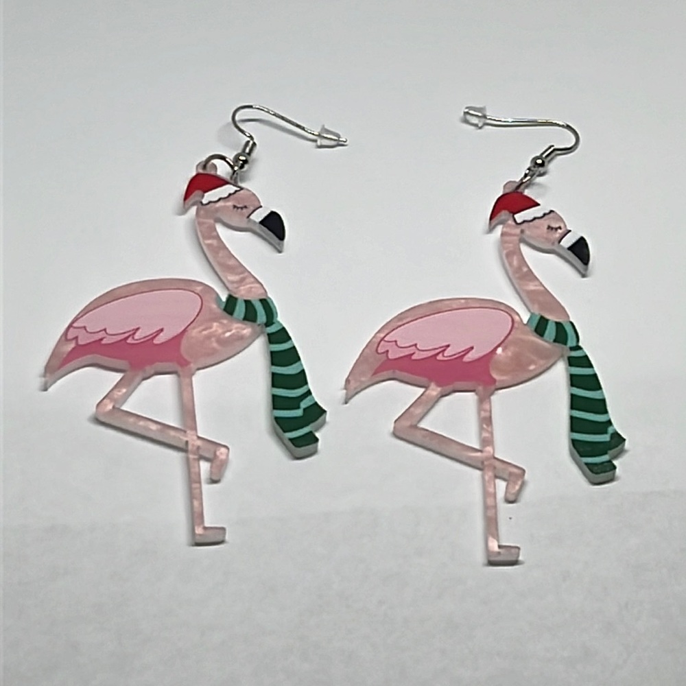 Earrings Pink Flamingos Christmas Xmas Holiday